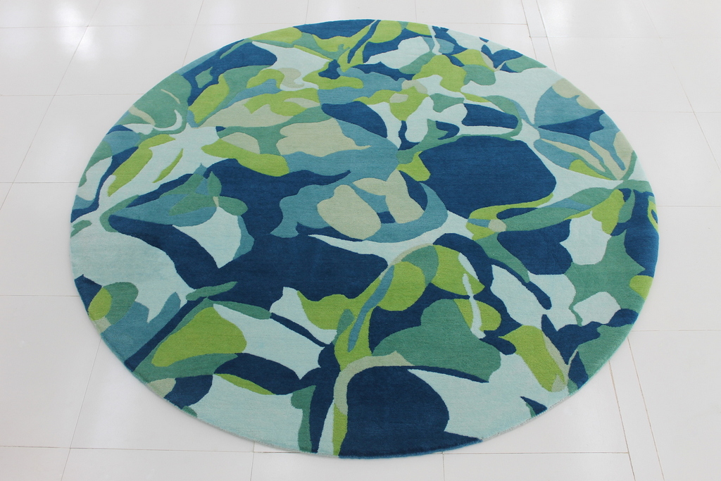 Elvin round rugs blue green teal floral earthy entrance rug leaf design